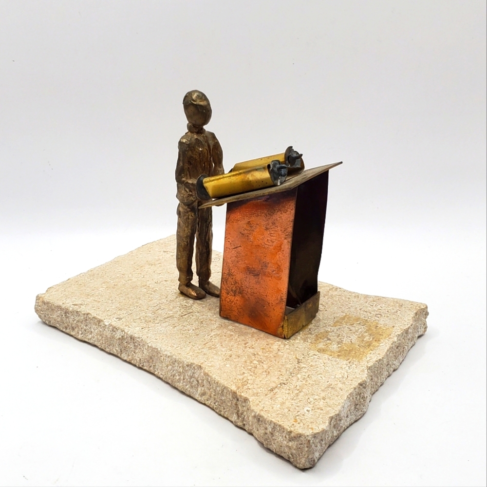 Vintage Gary Rosenthal Statue Jewish Rabbi On Podium Brass on marble Signed 1986